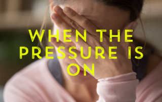 woman in a pink sweater covering her face with her hand and yellow text that reads when the pressure is on