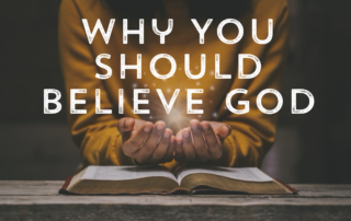 Open hands facing up with sparkle flares above them resting on top of a book with text Why You Should Believe in God